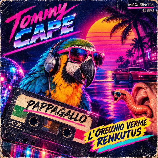 Pappagallo single cover: a macaw in pink sunglasses and headphones holding a C-90 cassette, an earworm in shades crawling into an ear, a red sports car on a neon beach at sunset.